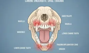 Scheletro di cane con morso inverso, evidenziate le zone di trauma e infiammazione su mascella e gengive.