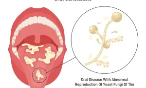 Bocca con lesioni biancastre sul palato e sulla lingua, indicative di candida. Zoom su funghi microscopici.