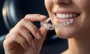 Donna sorride mostrando un aligner trasparente, ma le opinioni negative su Invisalign sono un pensiero ricorrente.