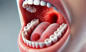 Una lesione rossa e granulosa, simile a un afta, sulla lingua. Denti bianchi e gengive rosa circondano la bocca aperta.