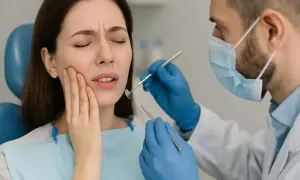 Donna con dolore alla mascella, possibile cisti mandibolare sintomi. Dentista esamina la bocca con strumenti.