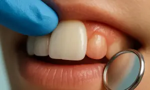 Dettaglio ravvicinato di un sorriso, con un guanto blu che esamina un dente e uno specchietto dentale. Si osserva di quanto si spostano i denti in un mese.