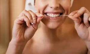 Donna sorridente che mostra come usare il filo interdentale per una pulizia profonda dei denti.