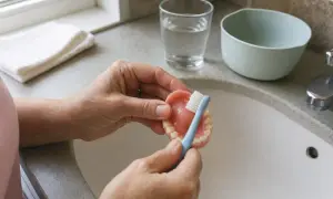 Mani che puliscono un bite con uno spazzolino azzurro, mostrando come pulire il bite per mantenerlo igienico.