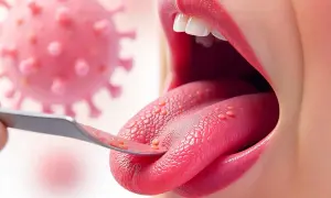 Lingua con papule rosse, forse un segno di papilloma virus. Verruca labbro?