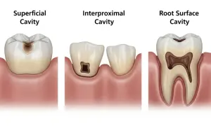 Illustrazione di carie superficiale, interprossimale e radicolare. Impara come prevenire le carie con una corretta igiene orale.