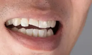 Primo piano di una bocca con un dente bucato lateralmente, mostrando un'evidente carie.
