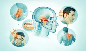 Illustrazione del disturbo temporo-mandibolare (ATM): dolore alla testa, orecchio, denti, collo e schiena.