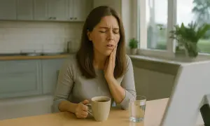 Donna con mano sulla guancia, espressione sofferente, forse per un bruciore al palato superiore dopo aver bevuto qualcosa di caldo.