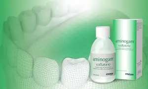 Aminogam collutorio: coadiuvante nei processi di rigenerazione della mucosa gengivale. Immagine stilizzata di denti e prodotto.