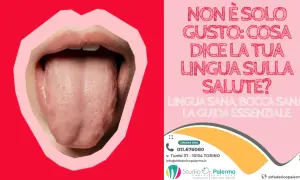 Lingua esposta, con un leggero morso sulla lingua, in un'illustrazione che invita a riflettere sulla salute orale.