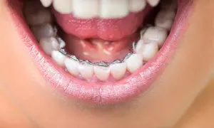 Primo piano di una bocca con apparecchio ortodontico. Un apparecchio per rieducare la lingua aiuta a correggere la posizione dei denti.