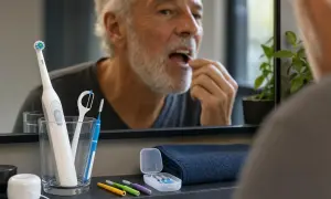 Uomo anziano usa filo interdentale, con spazzolino elettrico e scovolini a portata di mano per la profilassi antibiotica per pulizia denti.