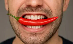 Un uomo con barba morde un peperoncino rosso. Un'immagine che evoca la sensazione di bruciore, ma che può anche rappresentare persone guarite dalla sindrome bocca urente.