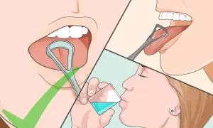 Immagine mostra come pulire la lingua con un puliscilingua e poi sciacquare la bocca.