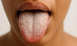 Lingua nera con patina bianca, simile a bicarbonato, che copre la superficie.