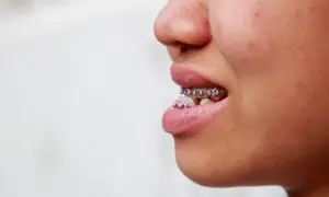 Primo piano di una bocca con apparecchio ortodontico, la **mandibola in avanti** per mostrare i denti allineati.
