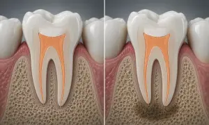 Dente devitalizzato fa male: confronto tra un dente sano e uno con infezione alla radice, che causa infiammazione e dolore.