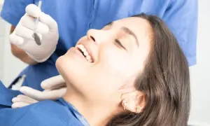 Sorriso smagliante dopo la pulizia dei denti, pronta per mangiare.