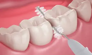 Un piccolo scovolino pulisce con cura gli spazi tra i denti, un'alternativa efficace al filo interdentale per un sorriso smagliante.