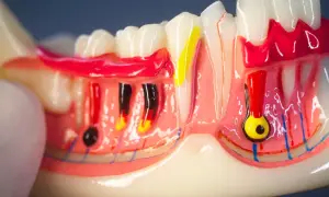 Modello anatomico di denti e gengive, evidenzia il colletto dentale e le strutture sottostanti come nervi e vasi sanguigni.