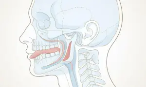 Illustrazione anatomica della lingua posizionata correttamente sul palato, che dimostra come mewing funziona per migliorare la postura facciale e la respirazione.