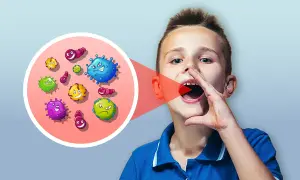 Bambino con bocca aperta, da cui escono germi colorati. Un cerchio mostra la **disbiosi orale**, un disequilibrio di batteri.