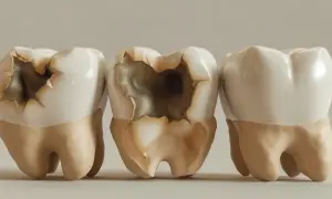Tre denti, due con carie evidenti e uno sano. È importante curare la carie per preservare la salute orale.