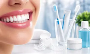 Sorriso smagliante con denti puliti, spazzolini, dentifricio, filo interdentale, collutorio e apparecchi trasparenti.