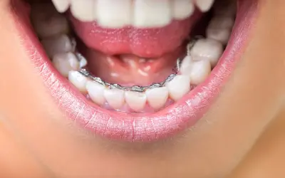 Primo piano di una bocca con apparecchio ortodontico. Un apparecchio per rieducare la lingua aiuta a correggere la posizione dei denti.