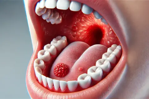 Una lesione rossa e granulosa, simile a un afta, sulla lingua. Denti bianchi e gengive rosa circondano la bocca aperta.