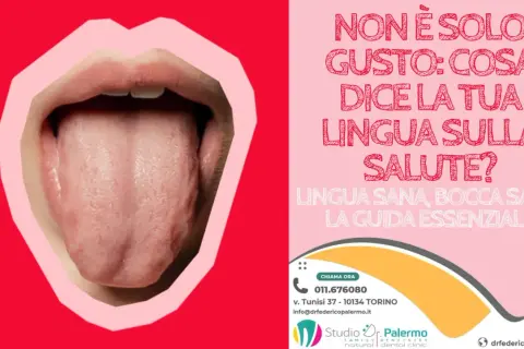 Lingua esposta, con un leggero morso sulla lingua, in un'illustrazione che invita a riflettere sulla salute orale.