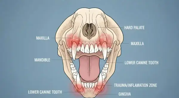 Scheletro di cane con morso inverso, evidenziate le zone di trauma e infiammazione su mascella e gengive.