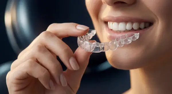 Donna sorride mostrando un aligner trasparente, ma le opinioni negative su Invisalign sono un pensiero ricorrente.
