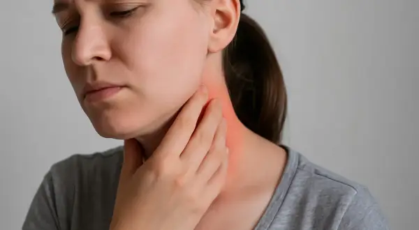 Donna con mano sul collo, evidenziando un'area arrossata e un'espressione di dolore sotto la mandibola.