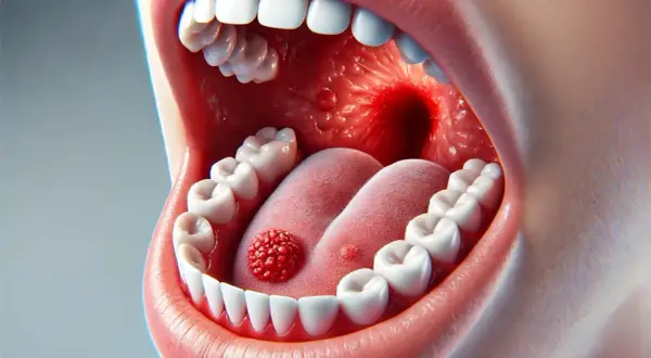 Una lesione rossa e granulosa, simile a un afta, sulla lingua. Denti bianchi e gengive rosa circondano la bocca aperta.