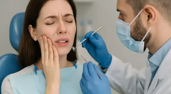 Donna con dolore alla mascella, possibile cisti mandibolare sintomi. Dentista esamina la bocca con strumenti.