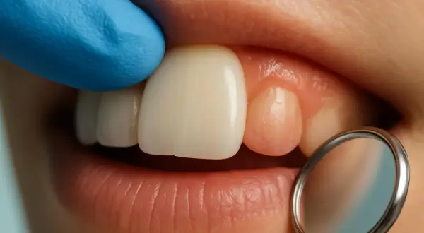 Dettaglio ravvicinato di un sorriso, con un guanto blu che esamina un dente e uno specchietto dentale. Si osserva di quanto si spostano i denti in un mese.