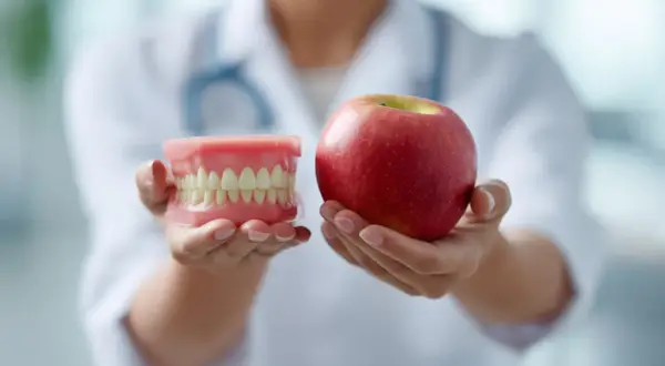 Un dentista mostra un modello di denti e una mela, suggerendo cibi che fanno male ai denti.