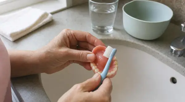 Mani che puliscono un bite con uno spazzolino azzurro, mostrando come pulire il bite per mantenerlo igienico.