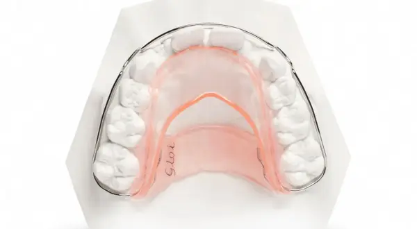 Modello di un elevatore linguale notturno su un calco dentale, progettato per correggere la posizione dei denti durante il sonno.