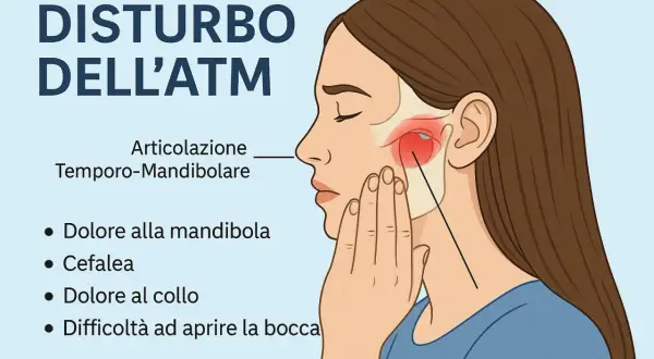 Illustrazione medica sul disturbo dell'ATM, con sintomi come dolore alla mandibola e cefalea.