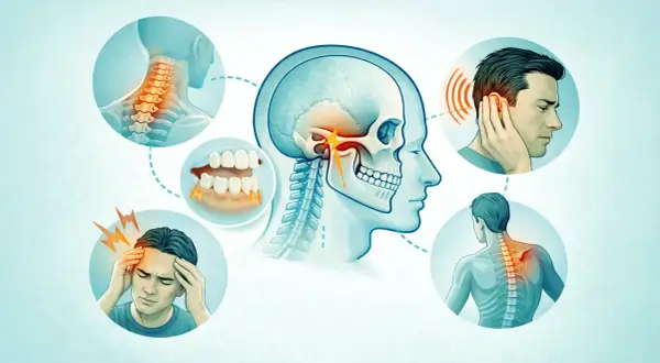 Illustrazione del disturbo temporo-mandibolare (ATM): dolore alla testa, orecchio, denti, collo e schiena.
