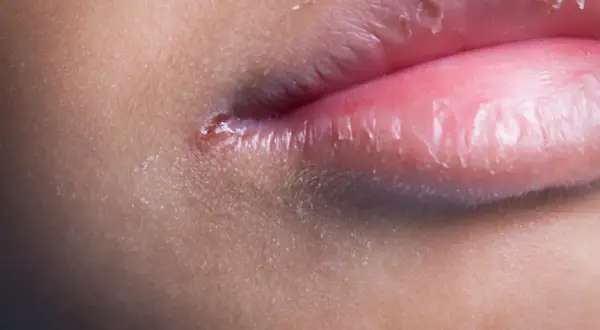 Close-up di labbra con pelle secca e screpolata, e una piccola lesione. Si nota una lieve leucoplachia labbra.