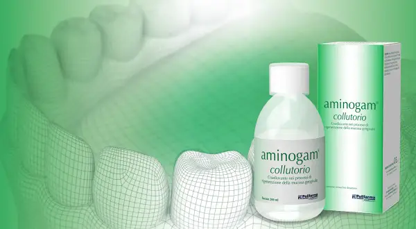 Aminogam collutorio: coadiuvante nei processi di rigenerazione della mucosa gengivale. Immagine stilizzata di denti e prodotto.
