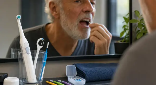 Uomo anziano usa filo interdentale, con spazzolino elettrico e scovolini a portata di mano per la profilassi antibiotica per pulizia denti.