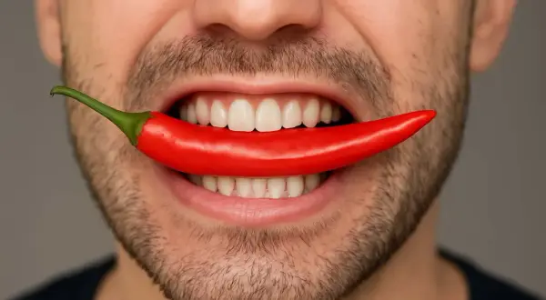 Un uomo con barba morde un peperoncino rosso. Un'immagine che evoca la sensazione di bruciore, ma che può anche rappresentare persone guarite dalla sindrome bocca urente.