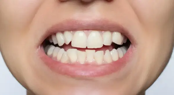 Primo piano di un sorriso con denti leggermente disallineati, che suggerisce la ricerca di malocclusione dentale rimedi.