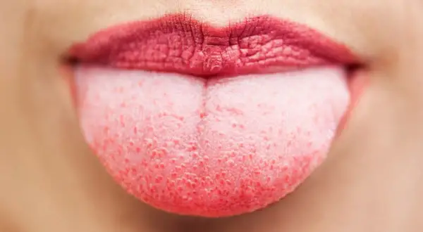 Lingua rosa con labbra rosse, mostrando le papille gustative pronte a sentire ogni sapore.