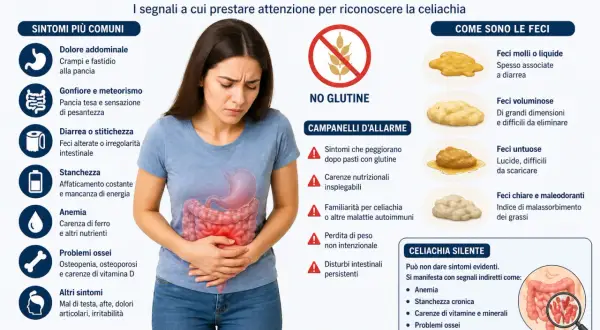 La celiachia può manifestarsi con dolori addominali, gonfiore, stanchezza e alterazioni intestinali. La lingua può mostrare afte.